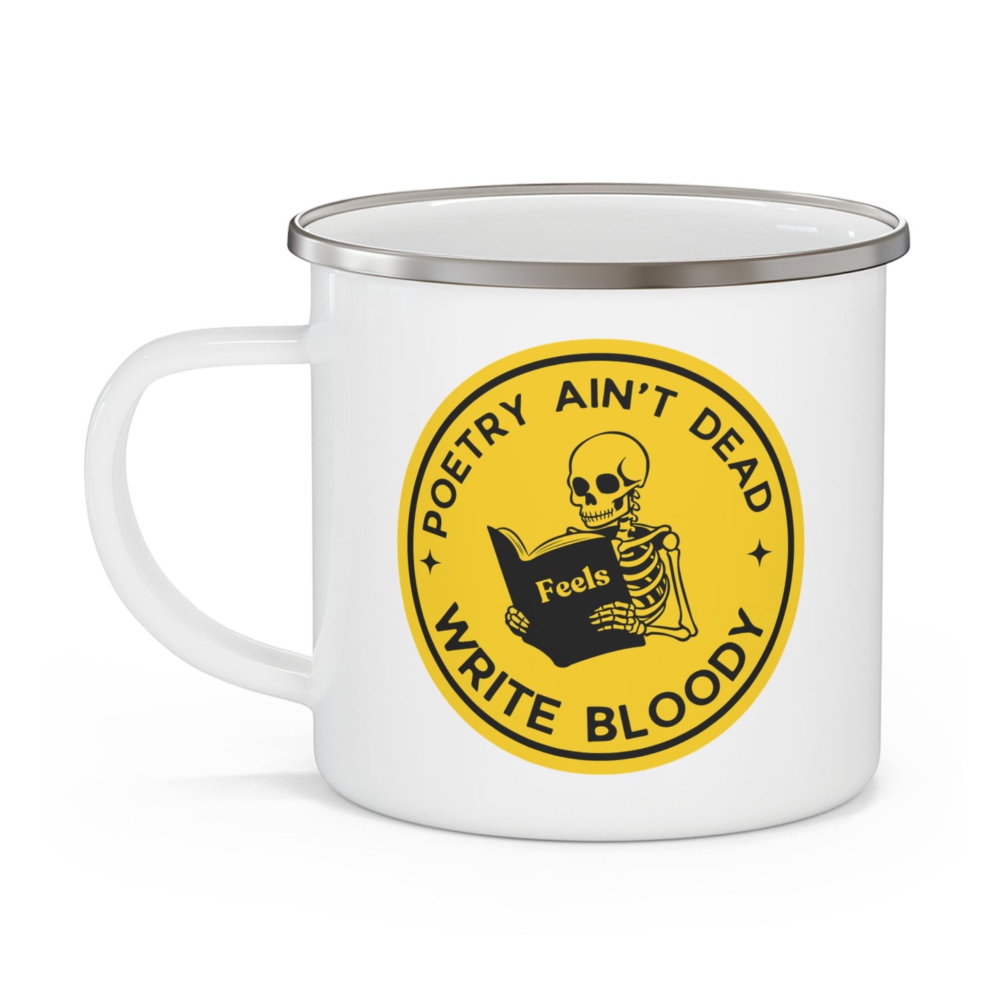 Enamel Camping Mug — Black Camper Coffee Cup with Retro Yellow Patch Design