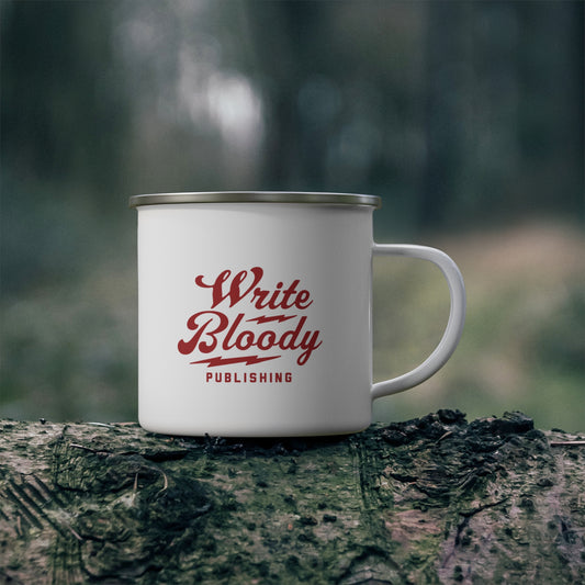 Enamel Camping Mug — Black Camper Coffee Cup with Retro Yellow Patch Design