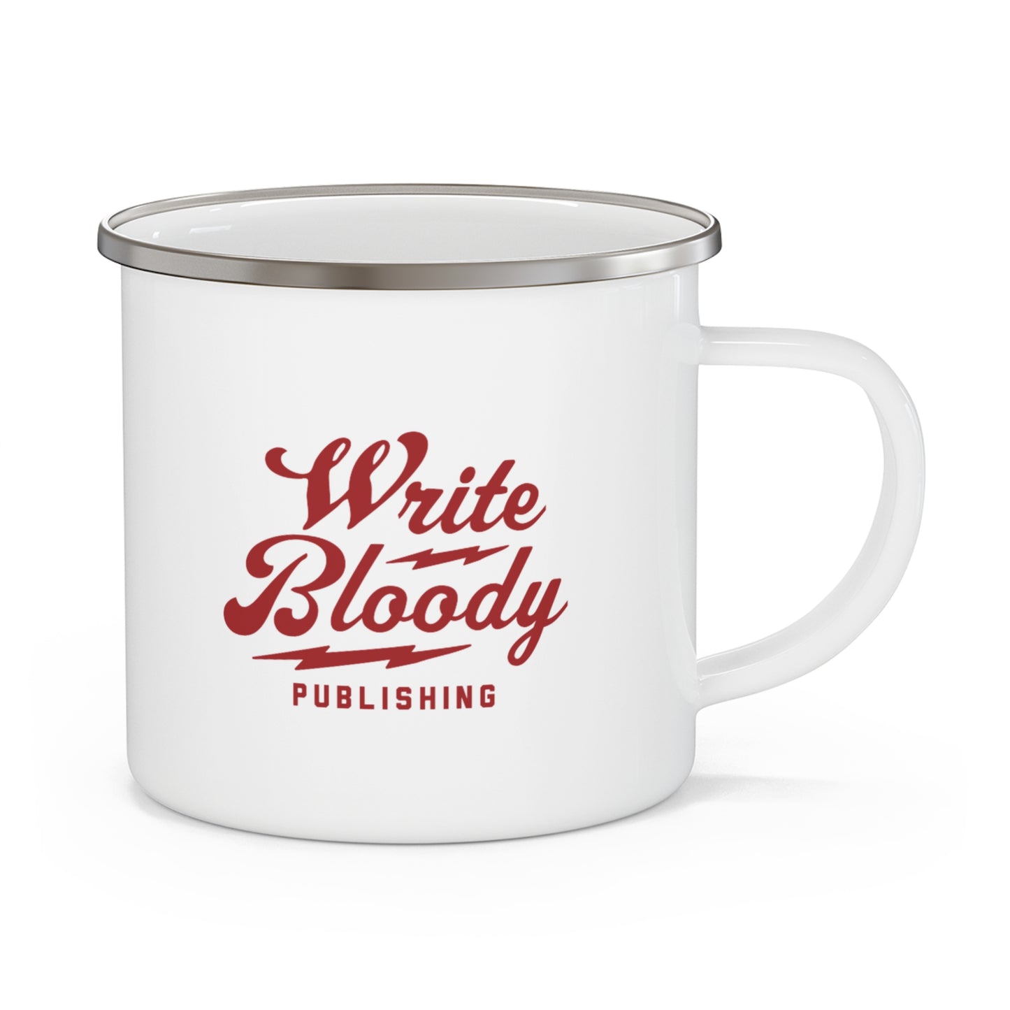 Enamel Camping Mug — Black Camper Coffee Cup with Retro Yellow Patch Design